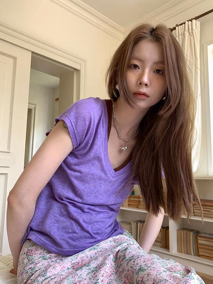 リネン混VネックシアーTシャツ