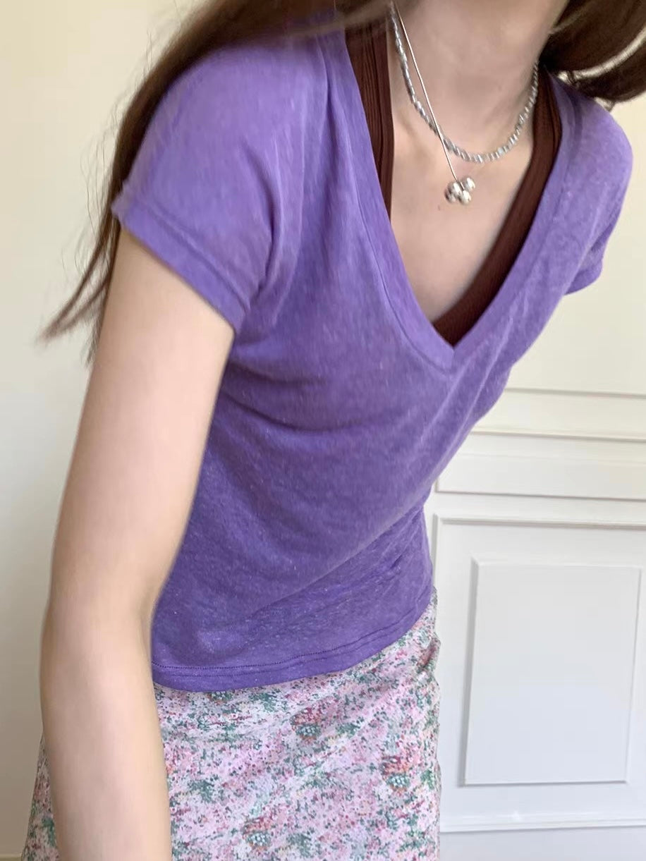 リネン混VネックシアーTシャツ