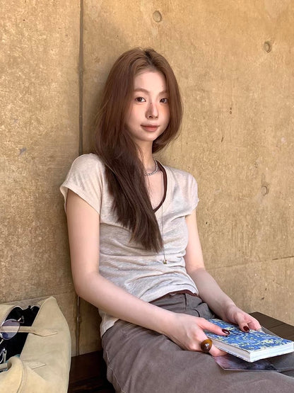 リネン混VネックシアーTシャツ