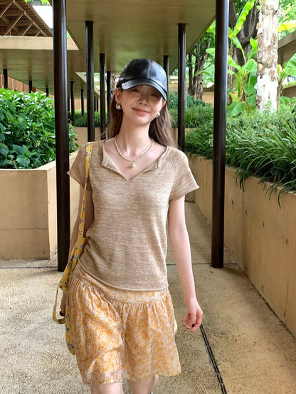 リネン混VネックニットTシャツ