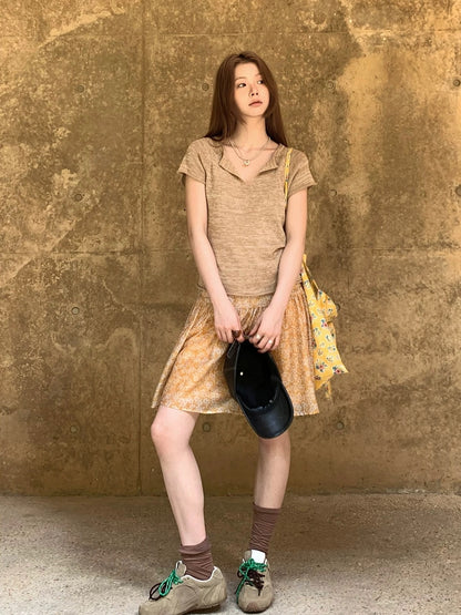 リネン混VネックニットTシャツ