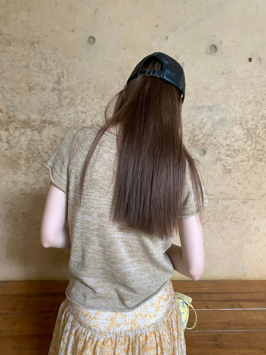 リネン混VネックニットTシャツ