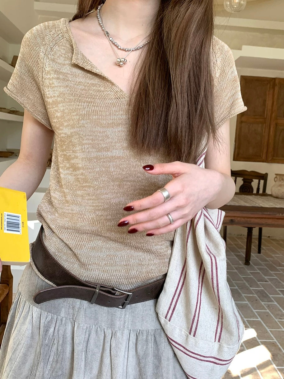 リネン混VネックニットTシャツ