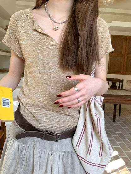 リネン混VネックニットTシャツ