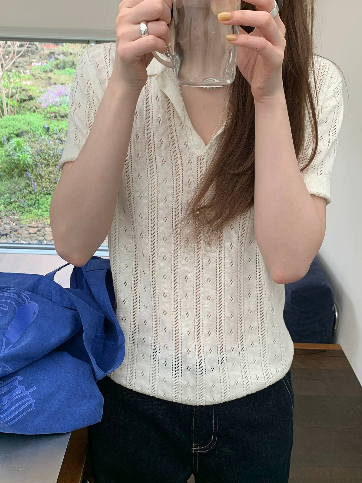 透かし編みニットポロトップス