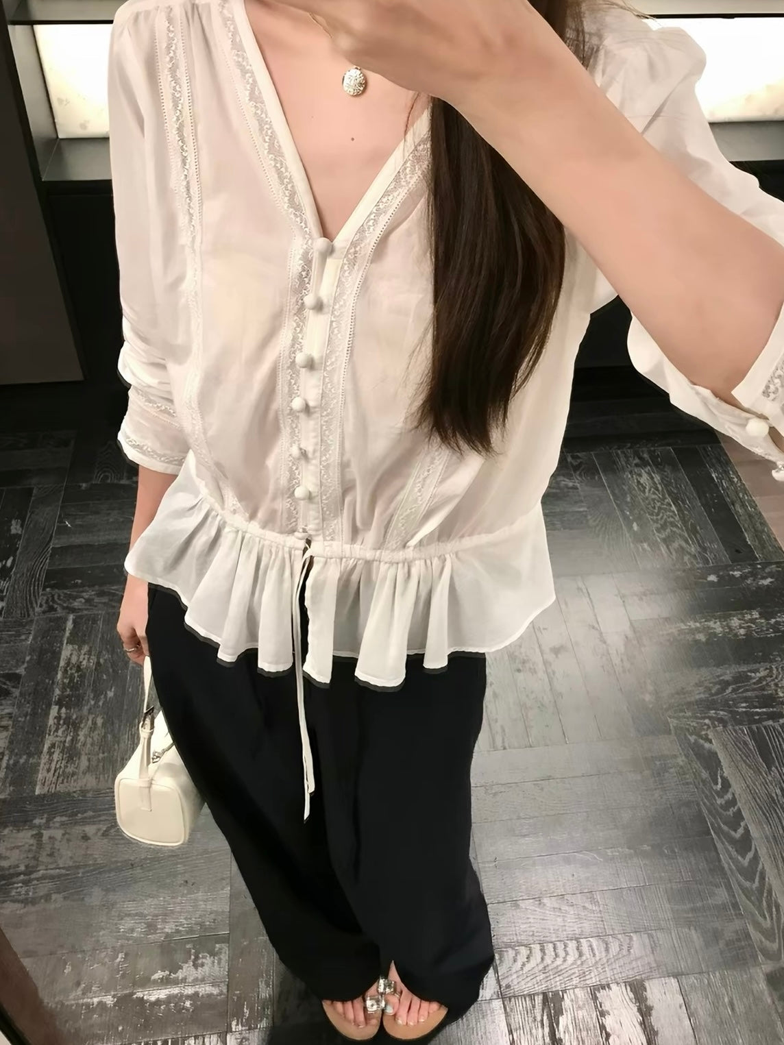 リネン混スラックス風ワイドパンツ